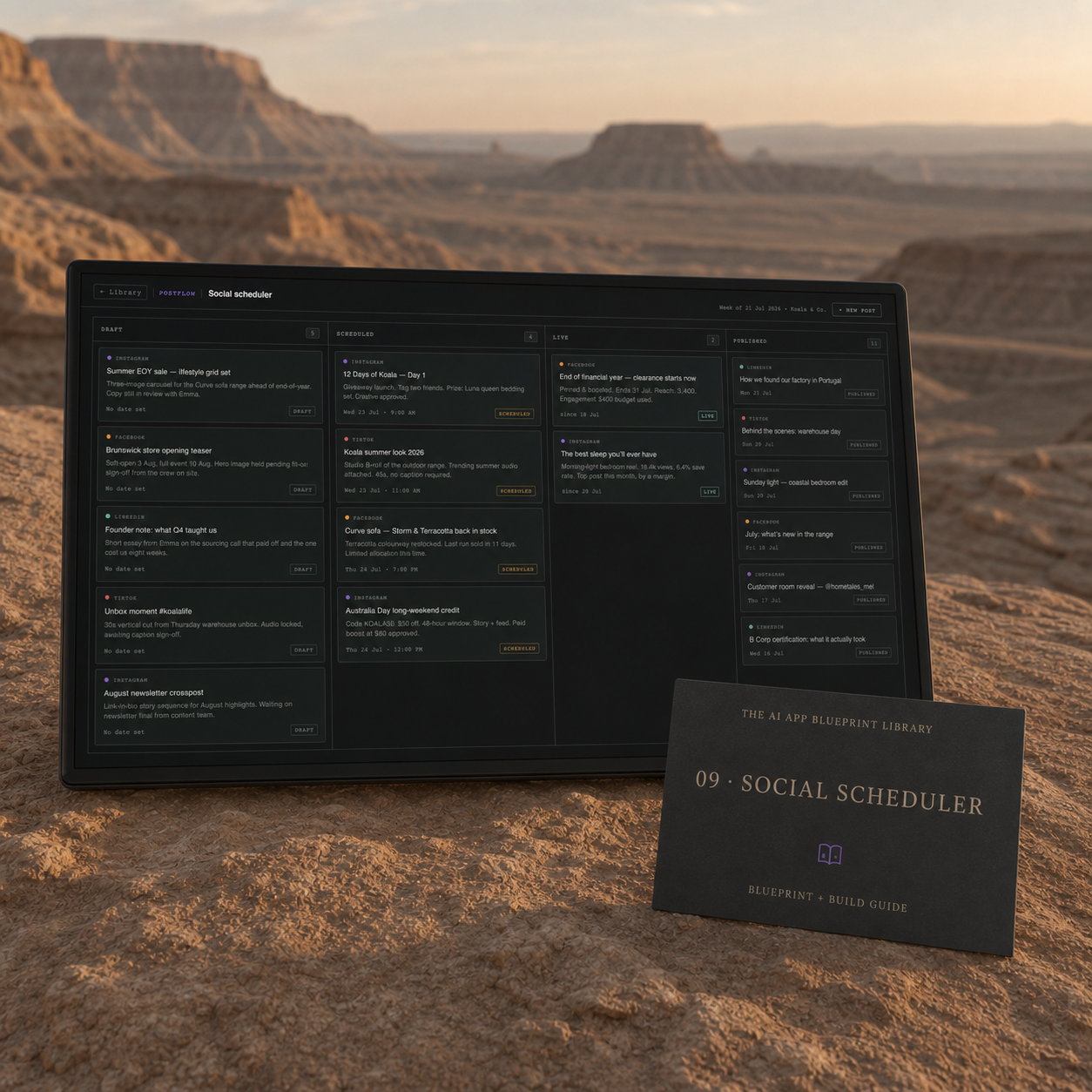 Social Scheduler interface with its matching blueprint and build guide card