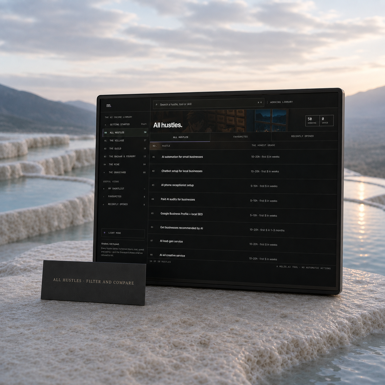 The shipped All Hustles catalogue shown on a slim dark display among pale mineral terraces
